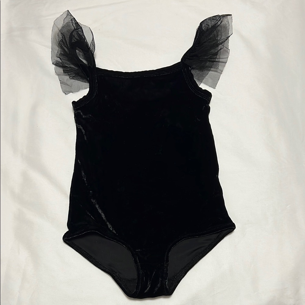Crewcuts Black Velvet Bodysuit with Sheer Flutter Sleeves Size 2